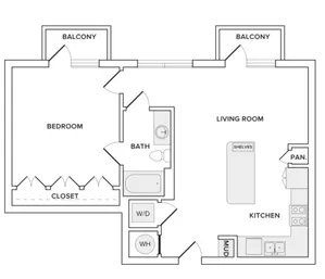 760 square foot one bedroom one bath apartment floorplan image