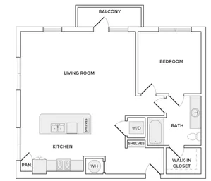915 square foot one bedroom one bath apartment floorplan image