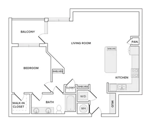 944 to 948 square foot one bedroom one bath apartment floorplan image