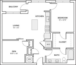 801 square foot one bedroom one bath apartment with den floorplan image