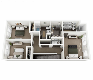 Chic 3D floor plan showcasing a modern layout with 3 spacious bedrooms, elegant bathrooms, and a cozy living area perfect for relaxation.