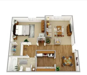 Charming 3D floor plan featuring a cozy bedroom, elegant living room, modern kitchen, and stylish dining area, ideal for contemporary living.