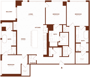 Elegant floor plan showcasing 3 bedrooms, open-concept living and kitchen area, with a spacious balcony and multiple bathrooms for ultimate comfort.