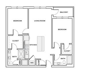 1159 square foot two bedroom two bath apartment floor plan in Houston, TX