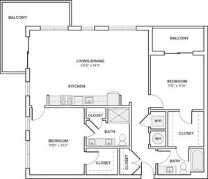 1160 square foot two bedroom two bath apartment floorplan image
