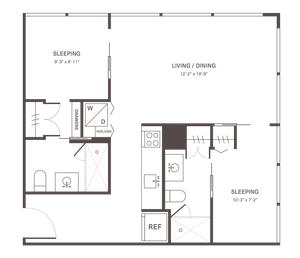 Modern floor plan showcasing 2 cozy sleeping areas, an expansive living and dining space, and a sleek kitchen with integrated laundry facilities.
