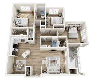 Modern 3-bedroom apartment floor plan featuring an open-concept living and dining area, spacious kitchen, and two elegant bathrooms.
