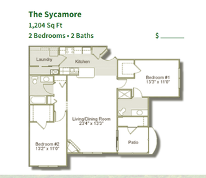 The Sycamore floor plan featuring 1,204 sq ft with 2 bedrooms, 2 baths, a spacious living/dining room, and a cozy patio.