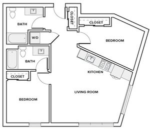 911 square foot two bedroom two bath apartment floor plan image in Redmond, WA