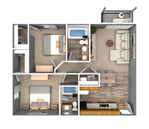 Modern floor plan showcasing 2 spacious bedrooms, open living and dining area, sleek kitchen, and private balcony.