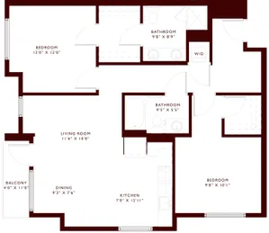 Spacious 2-bedroom apartment floor plan with 2 bathrooms, living room, kitchen, dining area, and balcony.