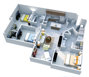 Modern 3D apartment layout showcasing three bedrooms, an open kitchen with island, and a cozy living area.