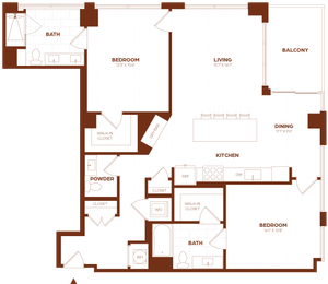 Elegant apartment floor plan showcasing 2 spacious bedrooms, modern kitchen with an island, and open living-dining area leading to a charming balcony.