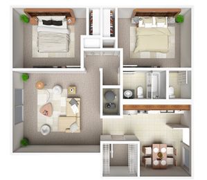 Modern 2D floor plan showcasing a cozy 2-bedroom apartment with an open living space, functional kitchen, and dining area.