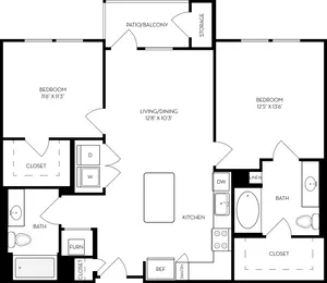 Chic 2-bedroom apartment floor plan featuring open living/dining area, modern kitchen island, and relaxing patio/balcony.