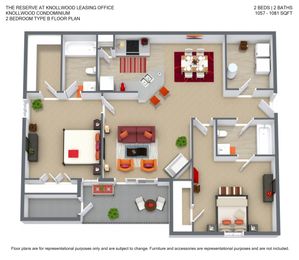 Modern floor plan featuring 2 bedrooms, 2 bathrooms, and an open-concept living area. Includes a well-appointed kitchen, dining area, and cozy living room totaling 1057-1081 sq ft.