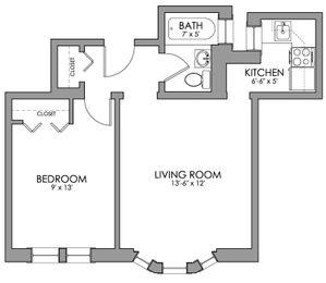 Charming floor plan featuring a cozy bedroom, spacious living room, compact kitchen, and well-designed bath.