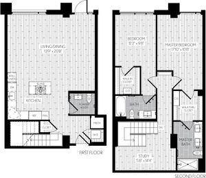 1466 square foot two bedroom two and a half bath two level apartment floorplan image with right side stair case