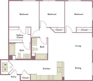 1,356 square foot three bedroom two bath apartment floorplan image