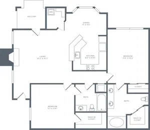 1123 square foot two bedroom two bath apartment floorplan image