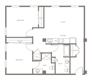 Elegant floor plan showcasing a spacious 2-bedroom apartment with modern kitchen, expansive living area, and two bathrooms.