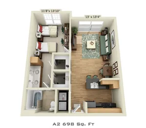 3D floor plan of an apartment with 2 bedrooms, bathroom, living room, and kitchen, totaling 698 sq ft.