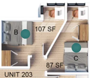 Floor plan for Unit 203 showcasing two bedrooms marked B and C, totaling 194 square feet with cozy and efficient layout.