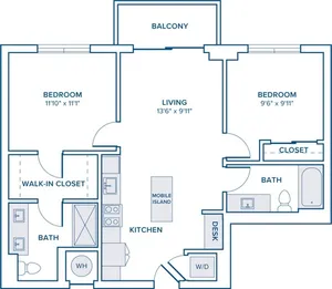 902 square foot two bedroom two bath apartment floor plan in St. Petersburg, FL