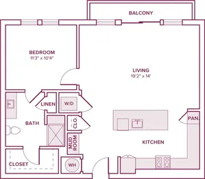 757 square foot one bedroom one bath apartment floor plan in Houston, TX