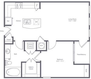 1 bedroom 1 bath apartment with kitchen island, private patio and 741 square feet