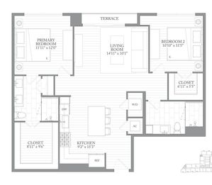 Elegant floor plan showcasing a primary bedroom, second bedroom, open living room, spacious kitchen, and terrace. Includes large closets and modern amenities.