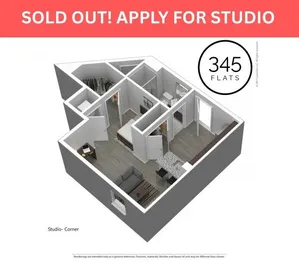 Elegant 3D floor plan of a corner studio apartment at 345 Flats, featuring a compact and modern design with open living space, cozy bedroom area, and sleek kitchen.