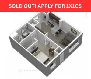 Chic 3D apartment layout featuring a cozy bedroom, modern kitchen with island, stylish living area, and elegant bathroom.