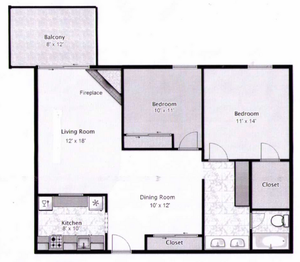 Charming floor plan with two spacious bedrooms, cozy living room with fireplace, elegant dining area, modern kitchen, and a sunny balcony.