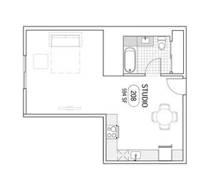Modern studio apartment floor plan featuring an open living area, cozy bedroom space, and convenient kitchen layout.