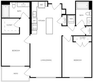Modern floor plan showcasing 2 spacious bedrooms, open living and dining area, and a stylish kitchen with patio access.