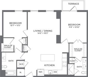 Elegant floor plan showcasing 2 spacious bedrooms, open living and dining area, modern kitchen, and terrace.