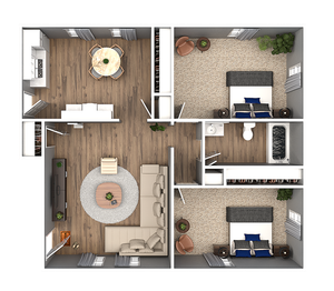 Detailed 3D floor plan showing two bedrooms, a spacious living room, open kitchen, and dining area.