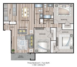 Three Bedroom | Two Bathroom | 1,150-1,243sqft