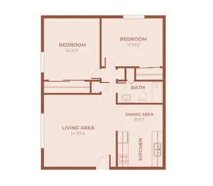 Two-bedroom apartment layout with a 14x11 and 11x10 bedroom, shared full bathroom, spacious living area (14x14), dining area, kitchen, and multiple storage closets.