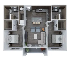 Modern 3D floor plan for Unit D featuring 2 bedrooms and 2 bathrooms with an open-concept living area and a chic kitchen, spanning 1,134 sq. ft.