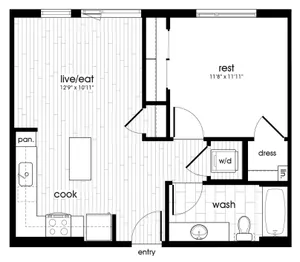 Charming suite floor plan featuring spacious living and dining area, one bedroom, full kitchen, and modern bathroom.