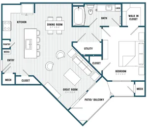 B Floorplan- 1 Bedroom/1 Bathroom