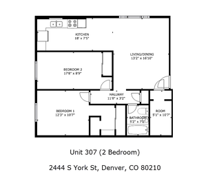 Charming 2-bedroom floor plan of Unit 307 featuring a spacious living/dining area, modern kitchen, and well-designed bathroom located at 2444 S York St, Denver, CO 80210.
