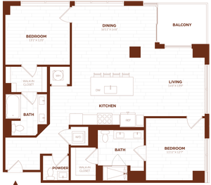 Sophisticated floor plan showcasing 2 bedrooms with walk-in closets, open-concept kitchen and living area, dining space, 2 modern baths, powder room, and a private balcony.