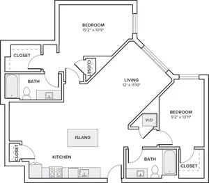 1200 square foot two bed two bath apartment floor plan in Seattle, WA