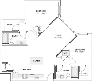 1225-1229 square foot two bed two bath apartment floor plan in Seattle, WA
