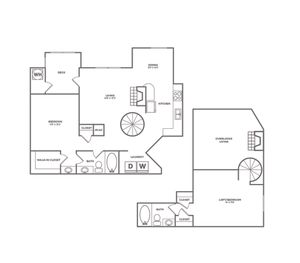 1x2 | 1046 SF | Floor plan map for a one bedroom unit at our apartments for rent in Bellevue, featuring labeled rooms with dimensions.