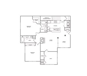 2x2 | 1192 SF | Floor plan map for a two bedroom unit at our apartments for rent in Bellevue, featuring labeled rooms with dimensions.