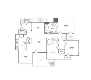 3x2.5 | 1375 SF | Floor plan map for a three bedroom unit at our apartments for rent in Bellevue, featuring labeled rooms with dimensions.